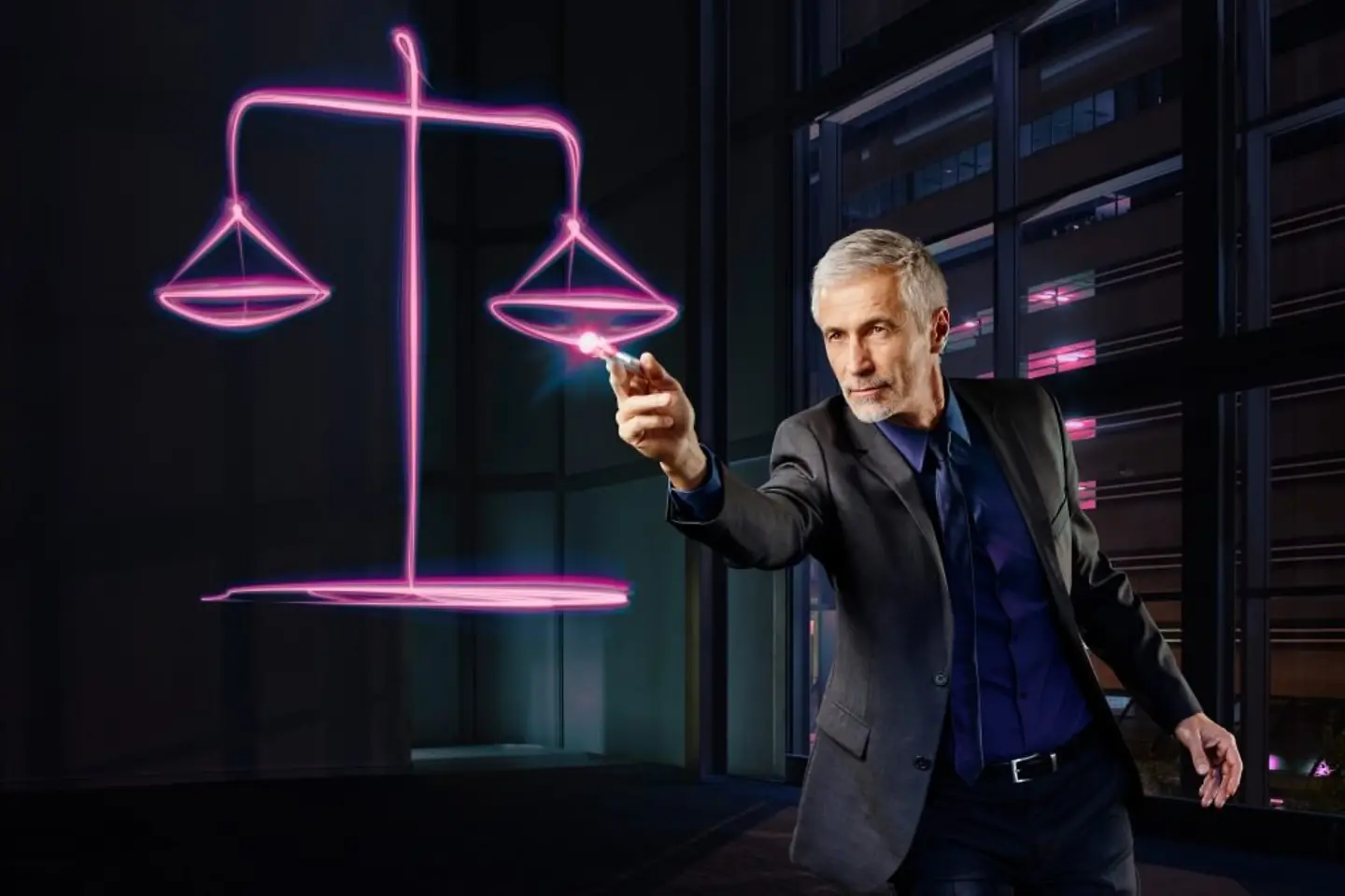 Lawyer drawing magenta scales of justice