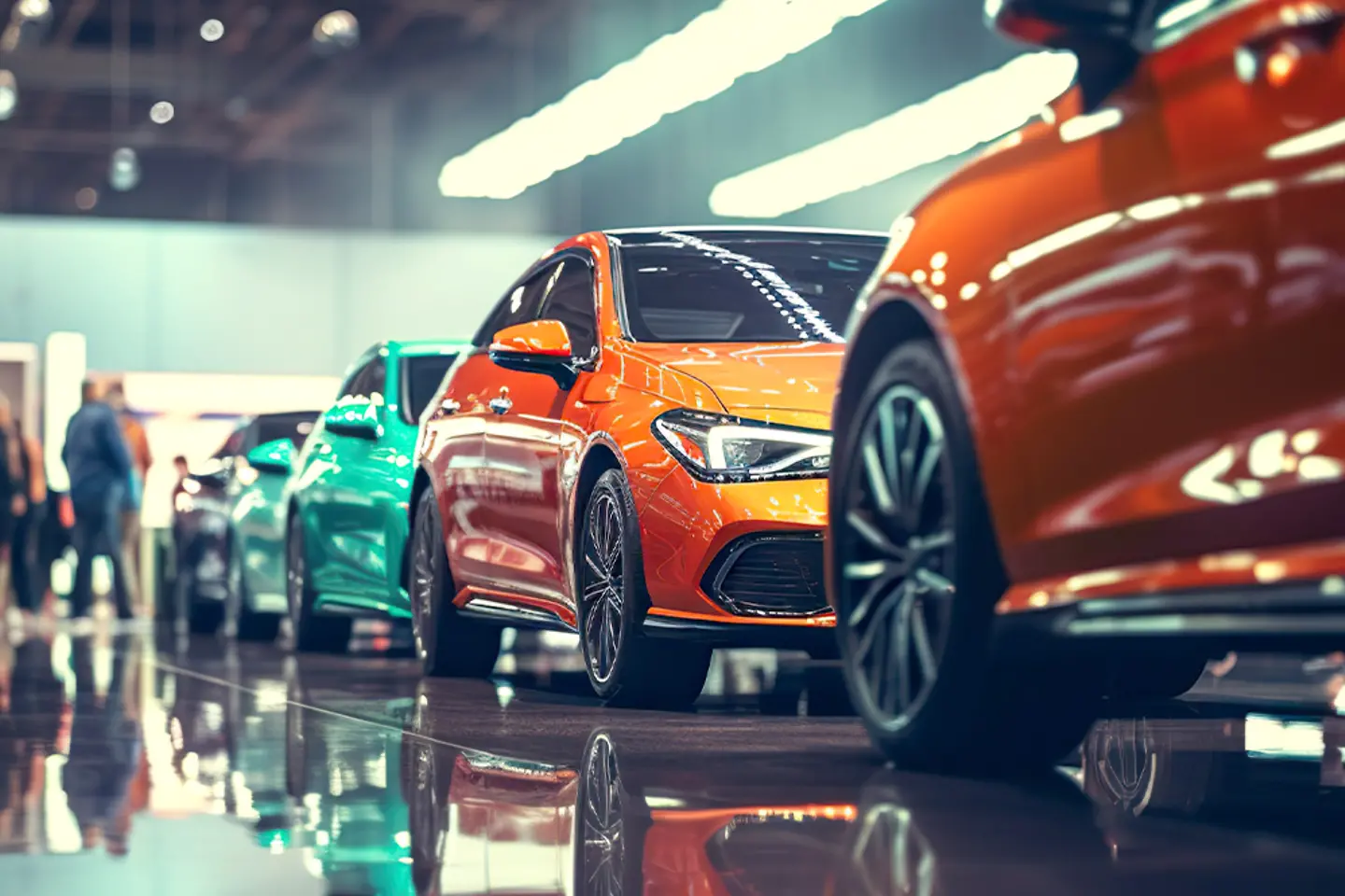 Colorful cars lined up in a car showroom