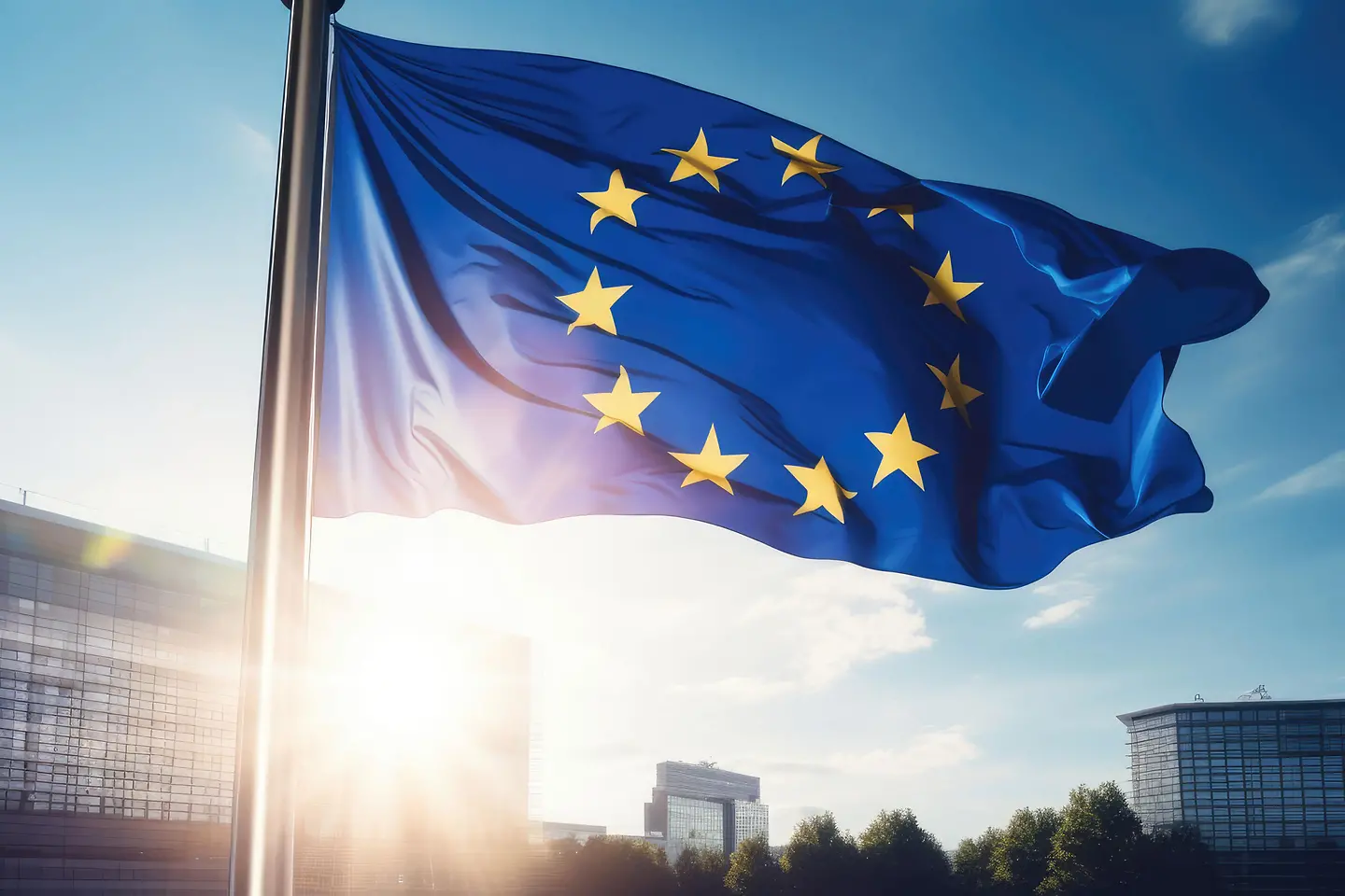 EU flag waving in front of modern building with sunshine - AI generated/adapted
