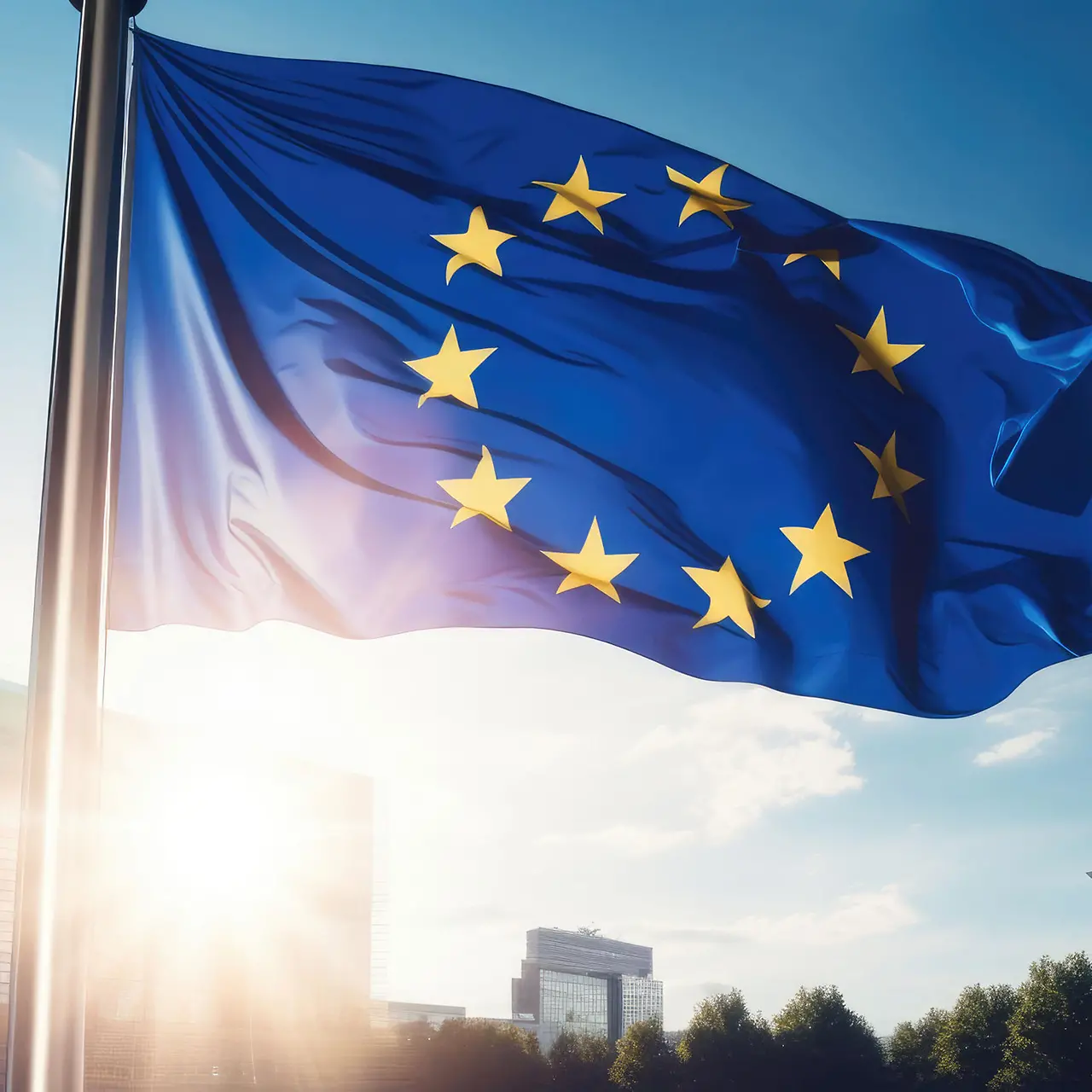 Die EU-Flagge weht vor einem modernen Gebäude bei Sonnenschein - AI generated/adapted