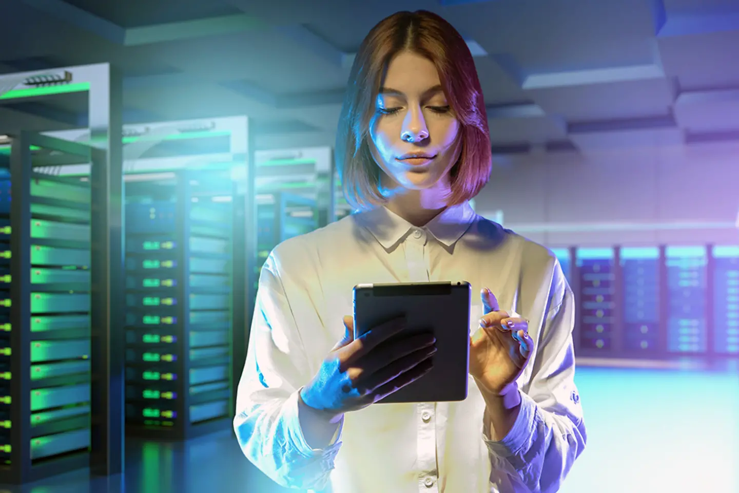 A data center with a network engineer managing