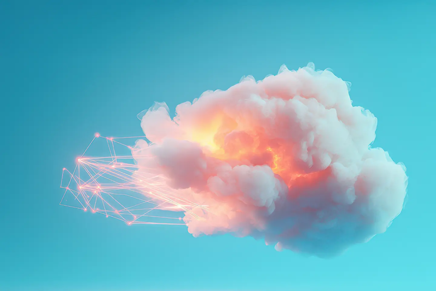 Futuristic glowing digital cloud with neon blue gradients and network connections.