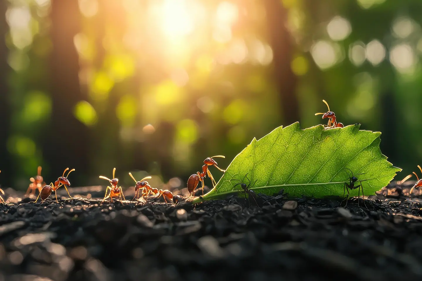 Teamarbeit von Ameisen, die gemeinsam ein großes Blatt in der üppigen Naturumgebung bei Sonnenuntergang tragen