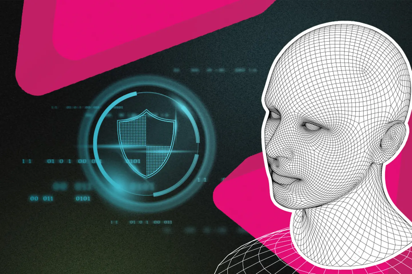 Retro futuristic design elements. 3D wireframe shapes, cyberpunk and poly human heads.