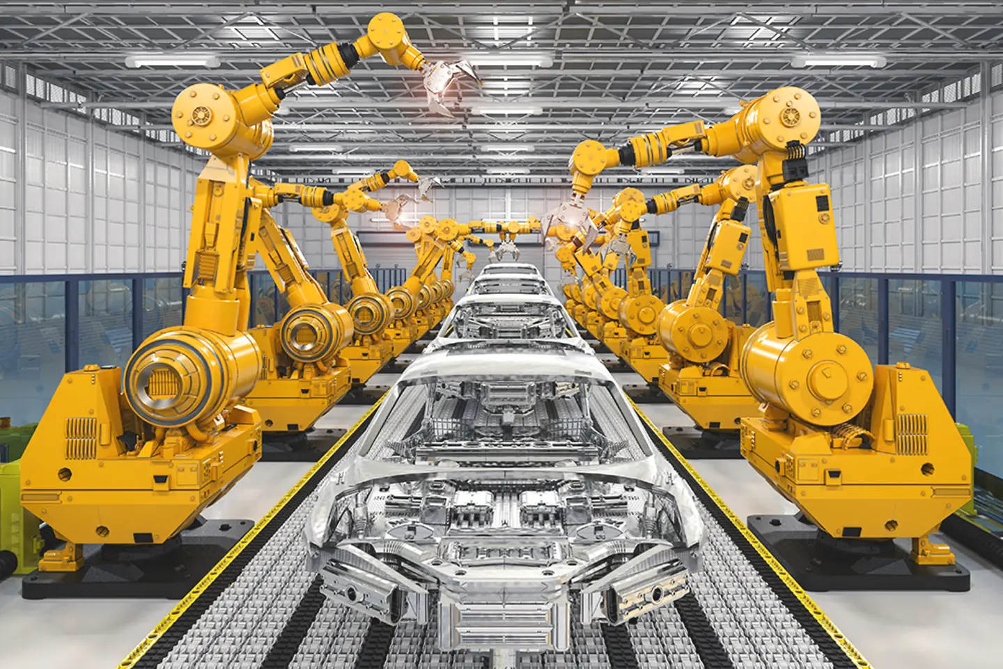 A robotic assembly line in a car factory.