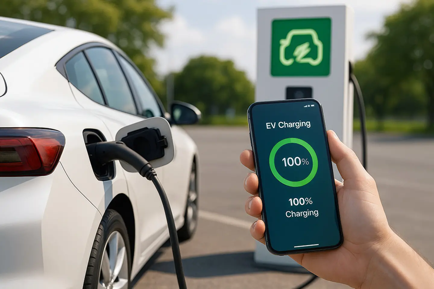 EV charging station showing full charging on app