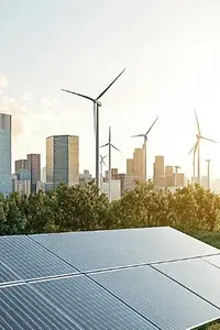 Hochhäuser, Photovoltaik-Module und Windräder 