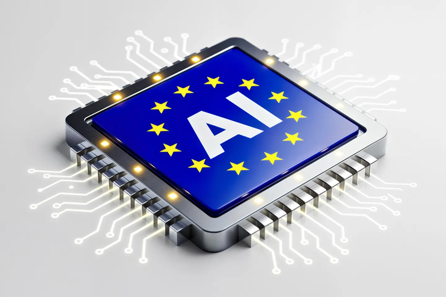 Microchip with European Union Flag in Center and "Ai" Text Overlay on Empty White Isolated Background