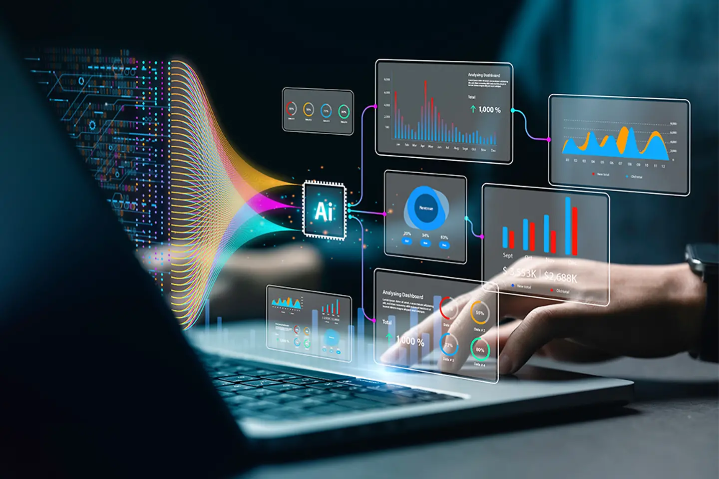 O analista de dados analisa conjuntos de dados complexos em um painel de computador.