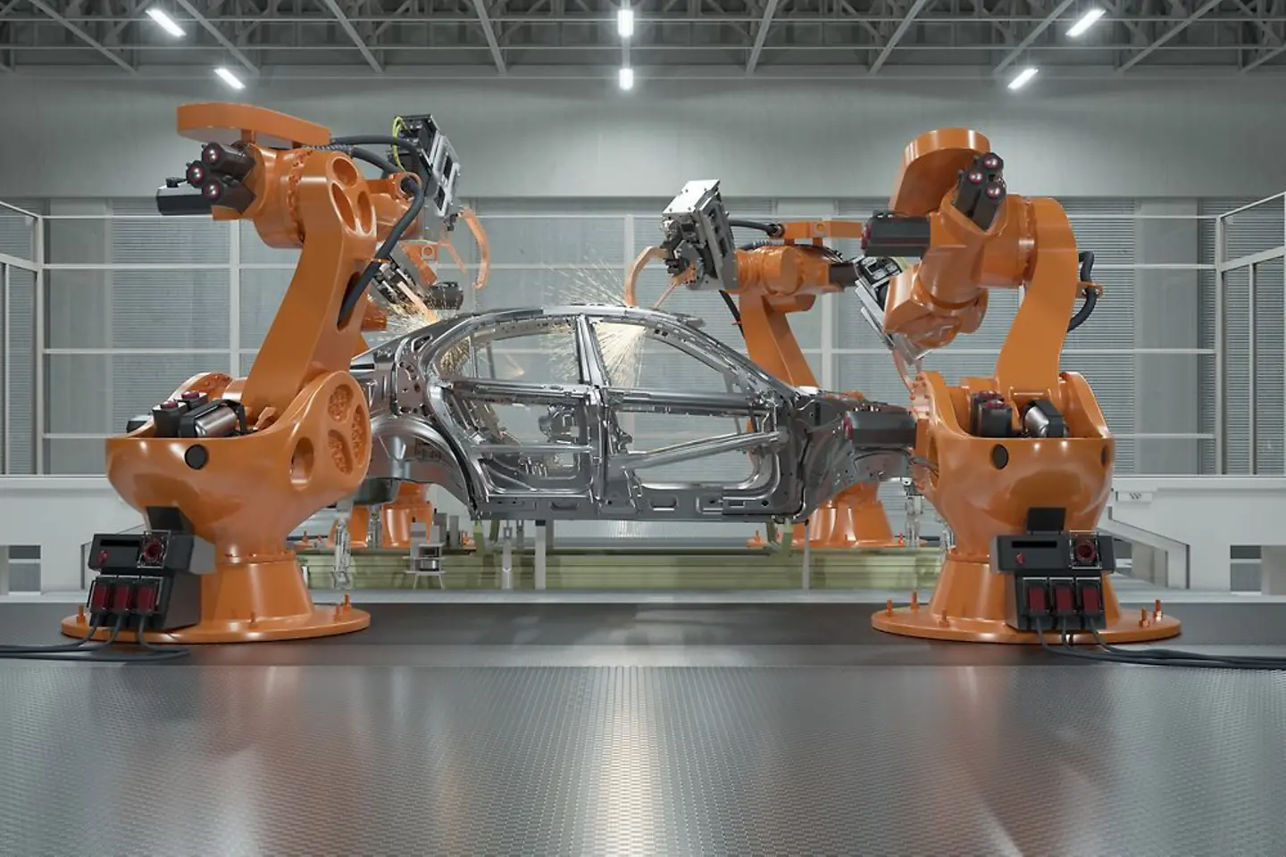 Automotive factory with robotic arms and car