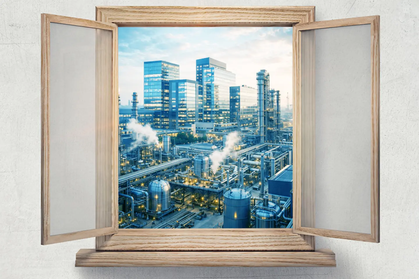Ein offenes Fenster mit Holzrahmen gibt den Blick auf eine Inustrielandschaft preis