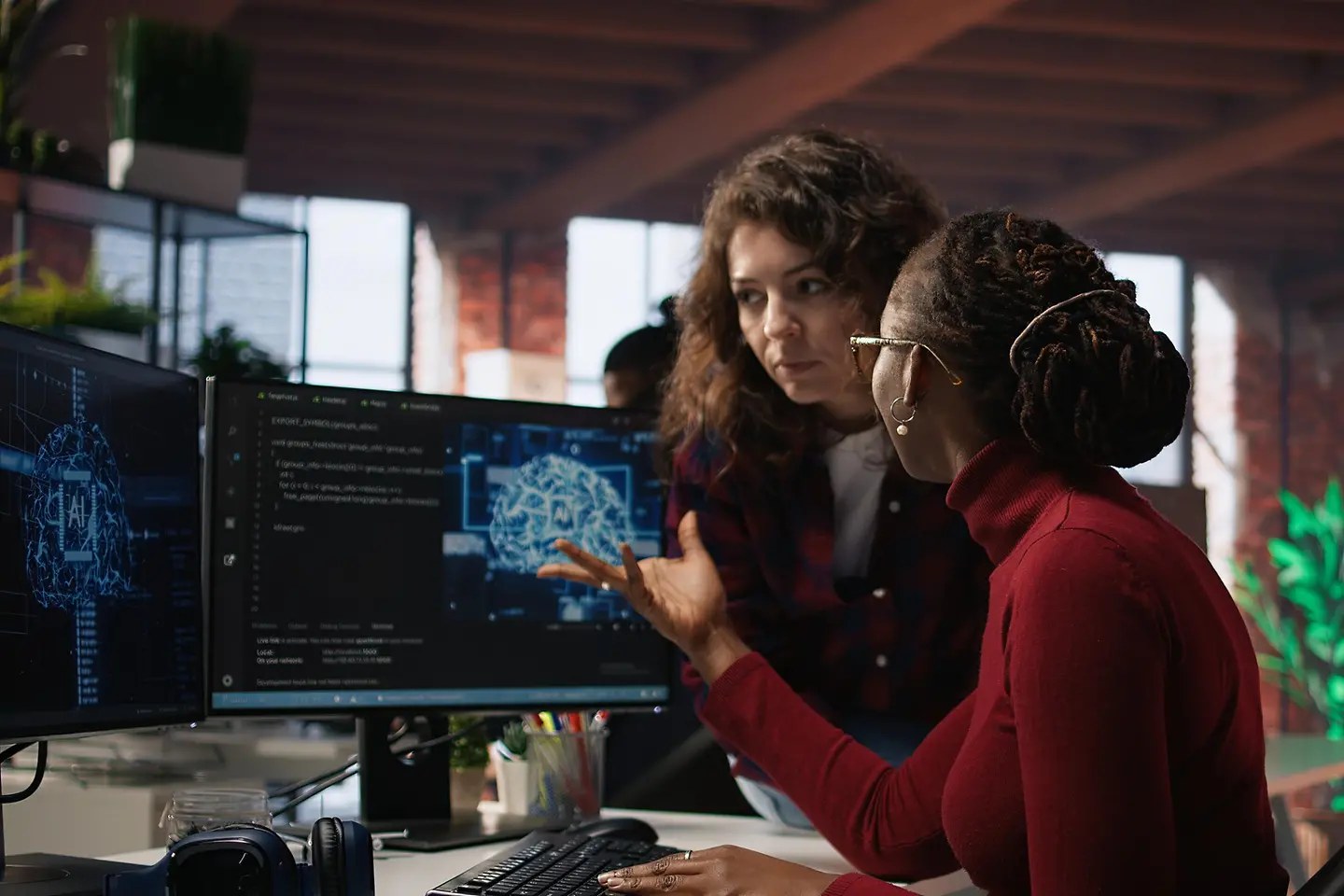 Data scientists discussing AI technology