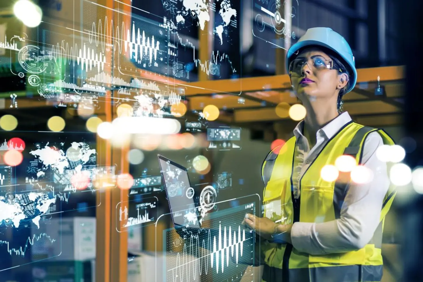 Factory worker checking security data