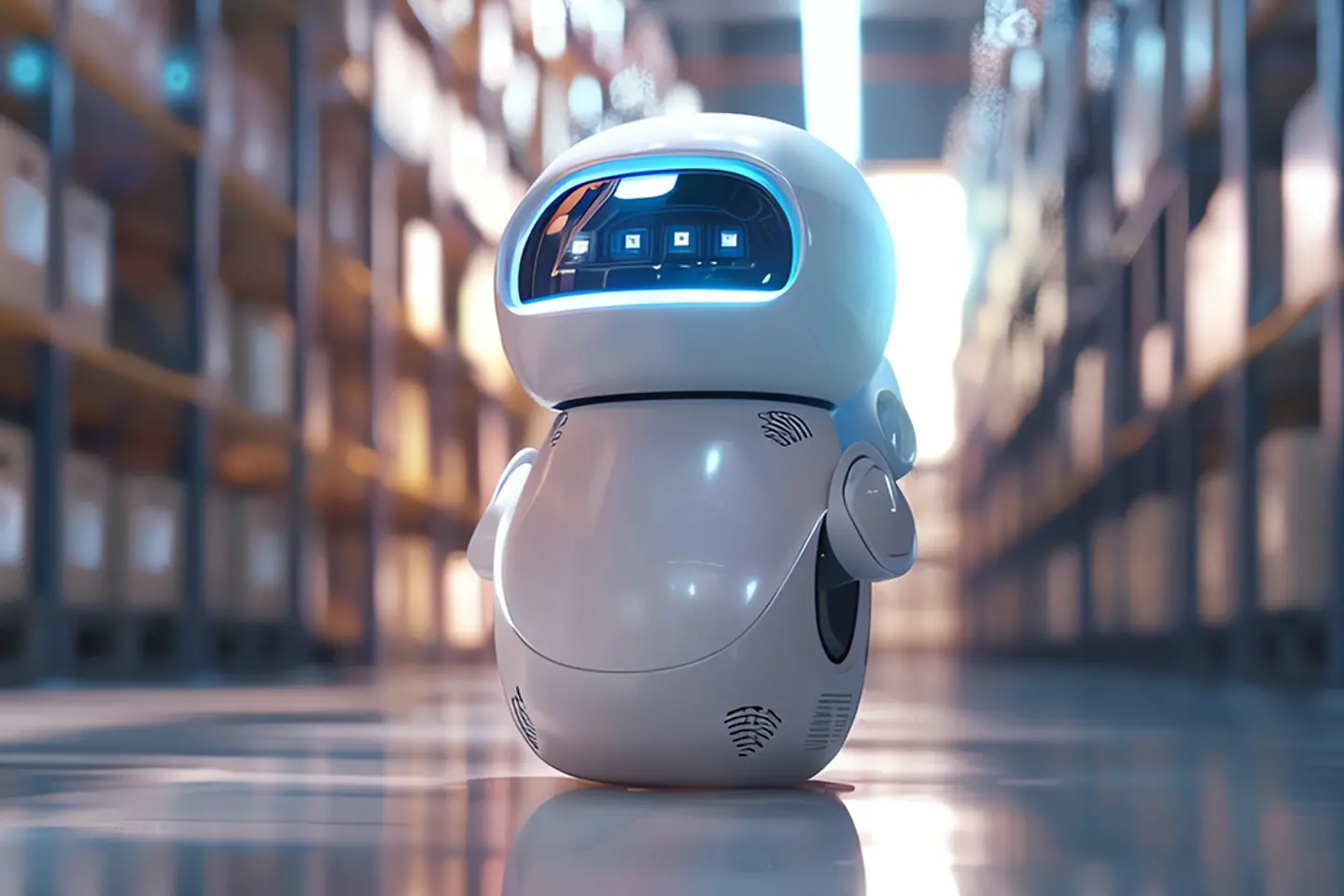 Ein auotnomer weißer Roboter steht in einem Lagergang, umgeben von Regalen voller Kartons