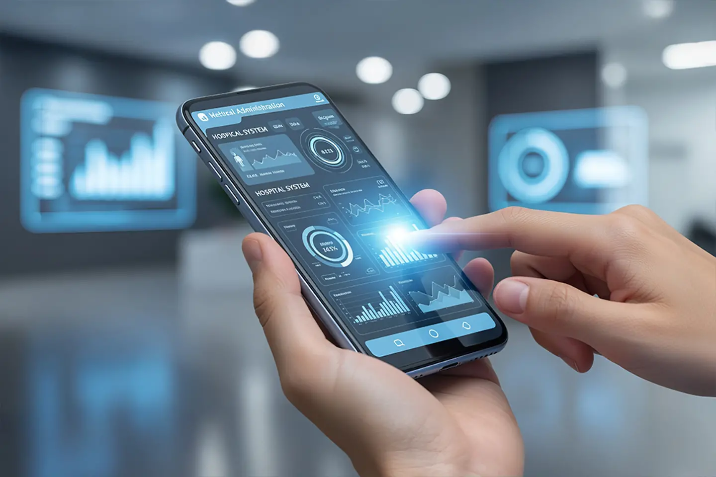 KI-generiertes Bild - Person nutzt klinische Anwendungen auf einem Smartphone
