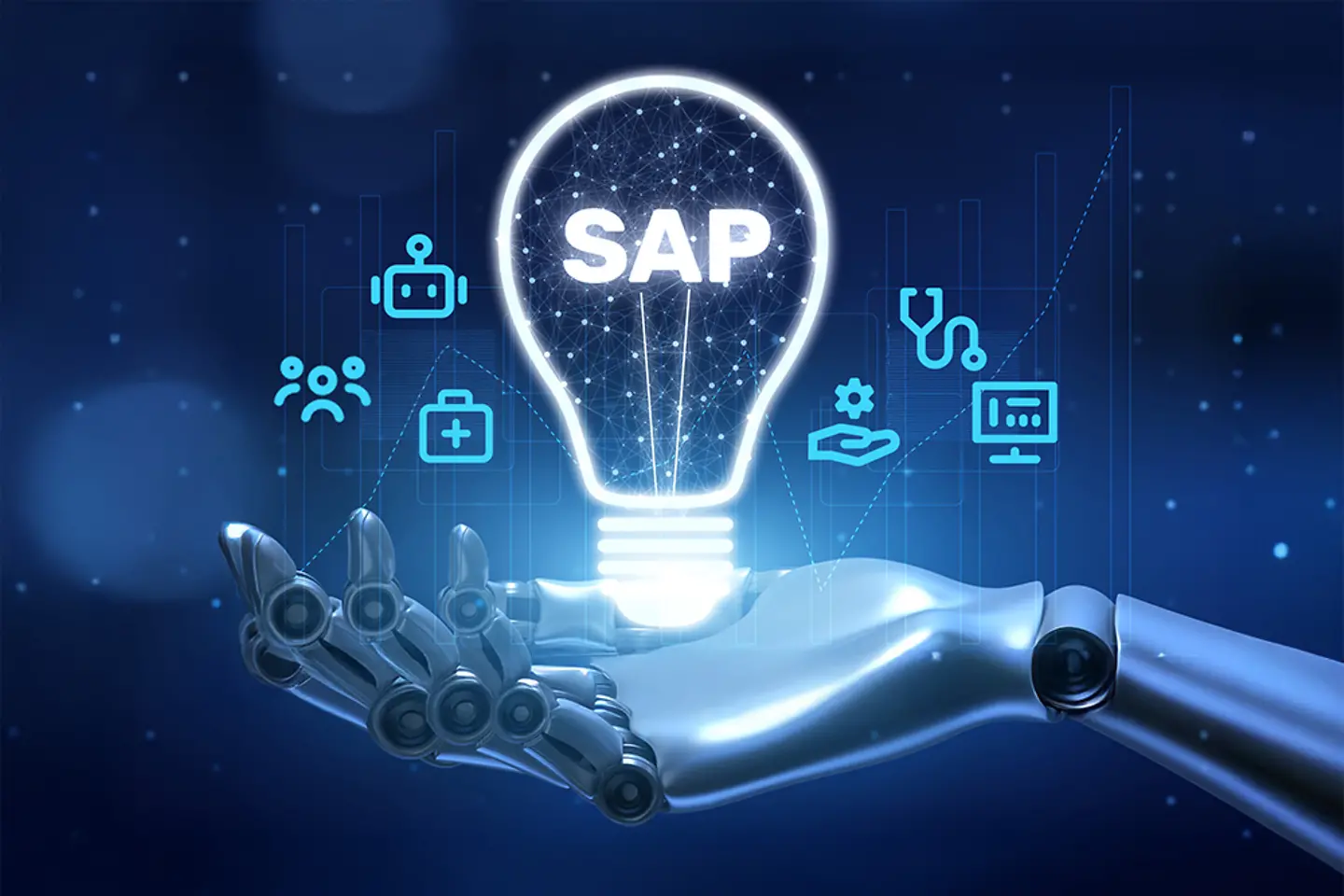 Roboterhand mit digitaler Grafik einer Glühlampe, in der SAP geschrieben steht