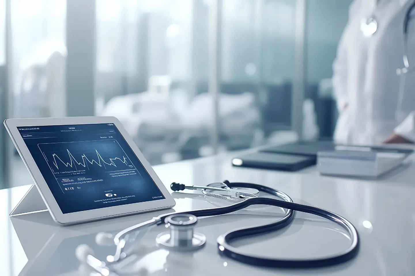 AI-generated image - Stethoscope, tablet displaying medical data, hospital reception desk, modern sleek design