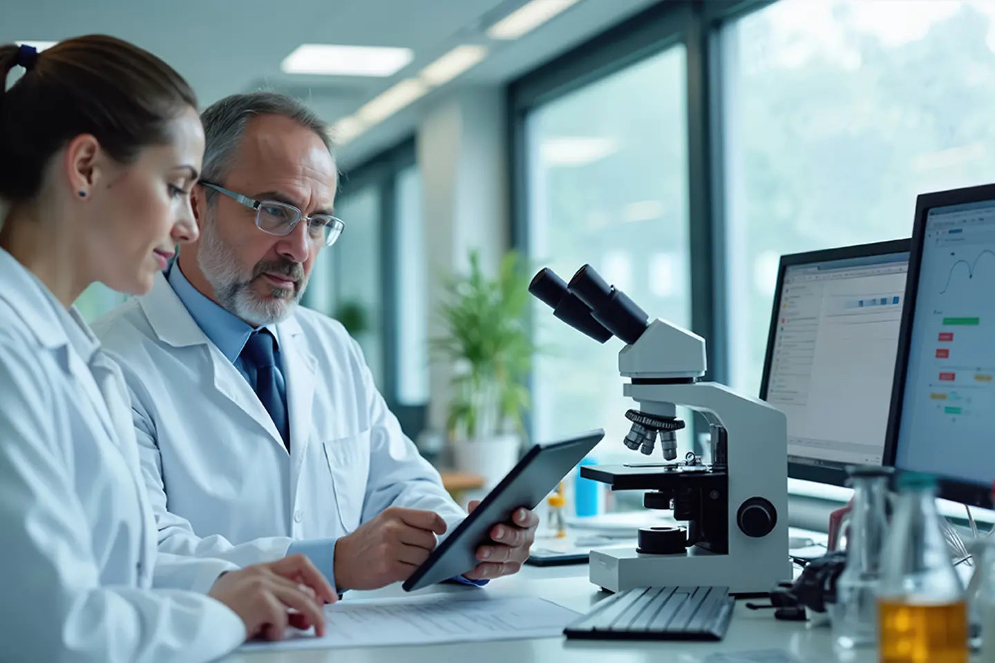 Scientist team collaborates in lab with tablet computer, microscope
