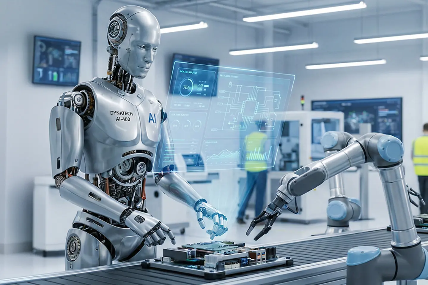 Imagem gerada por IA - Robôs humanoides e braços robóticos trabalham com eficiência em uma linha de produção futurista