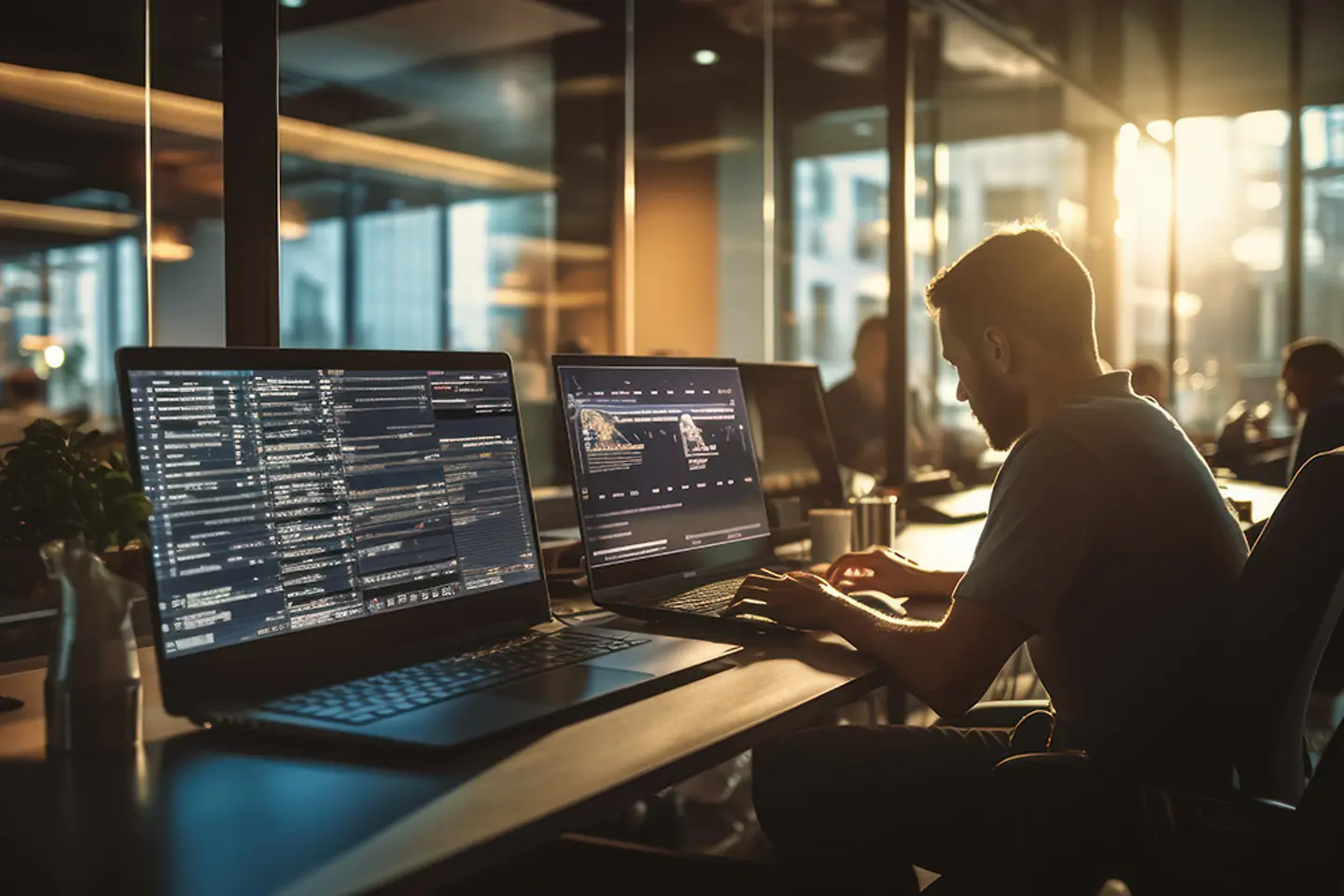 Imagem gerada por IA - Desenvolvedores de software codificando e testando aplicativos em um ambiente de desenvolvimento moderno, imagem gerada por IA