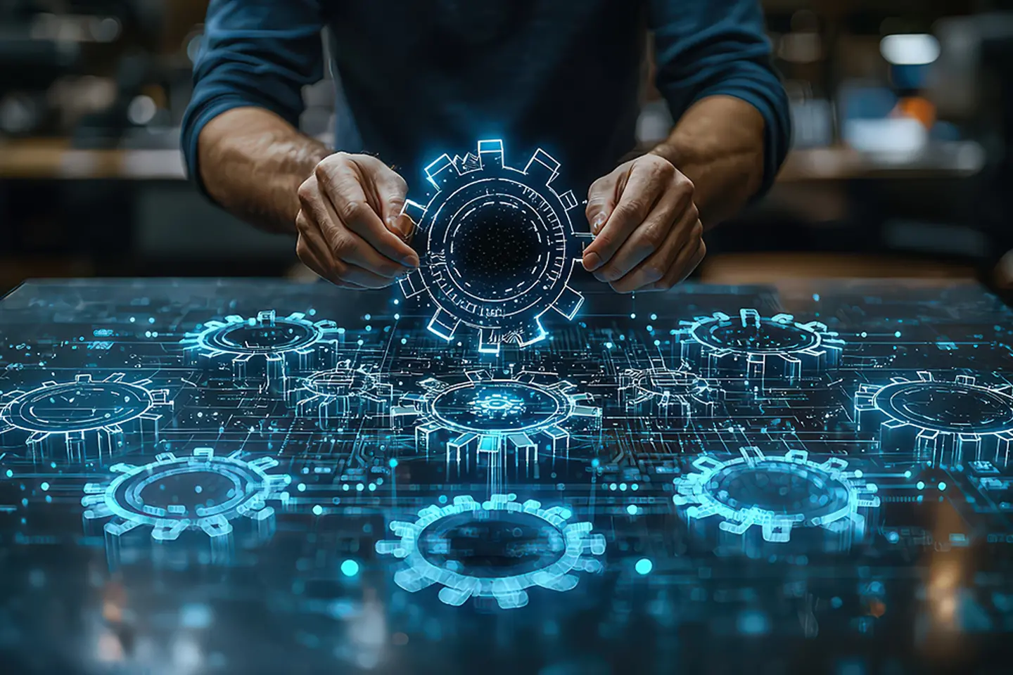 Businessman connecting gears on a digital table with a hologram icon of innovation and technology in the office background