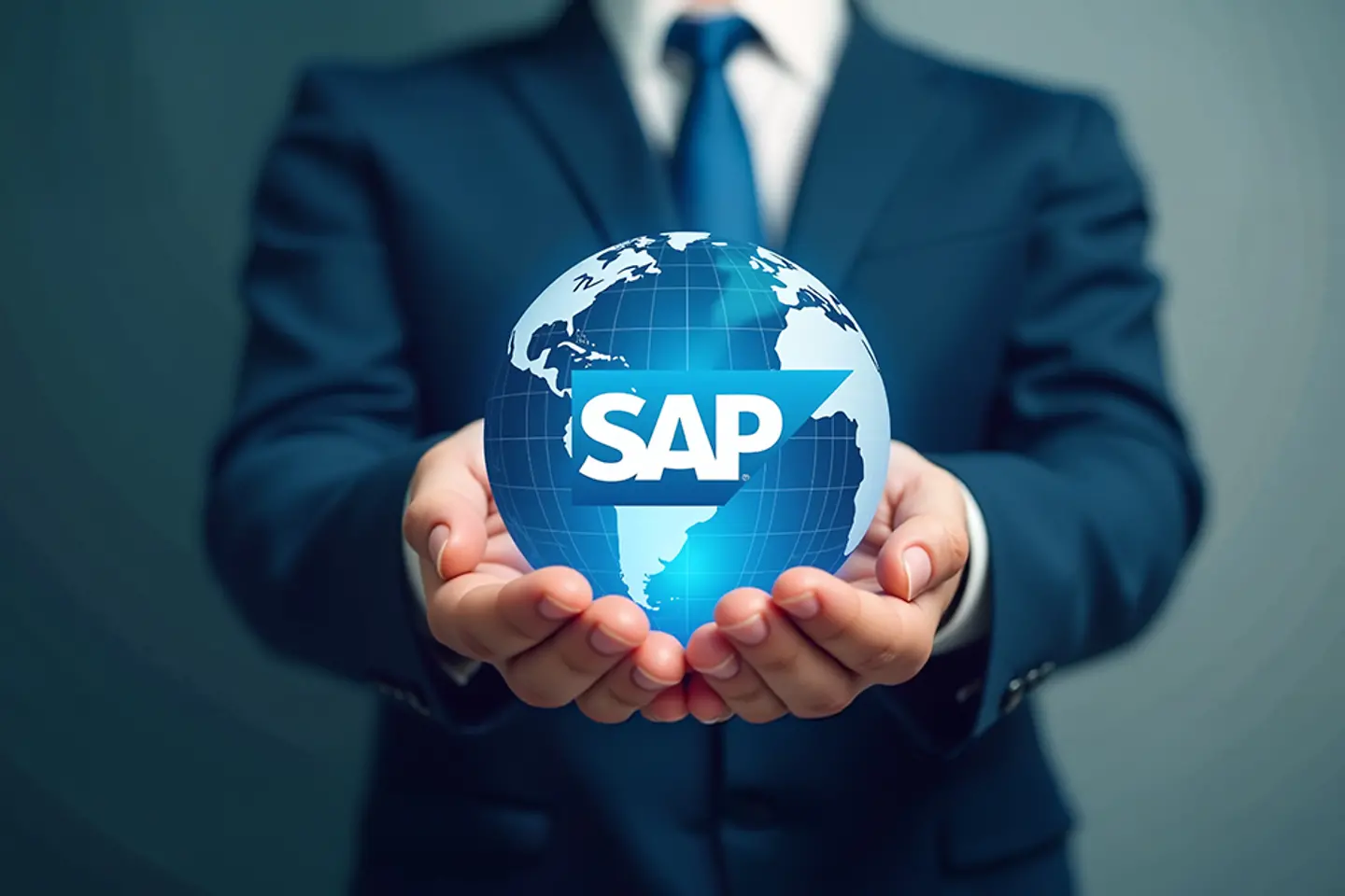 Imagem gerada por IA - Homem de negócios segurando um globo com o logotipo da SAP