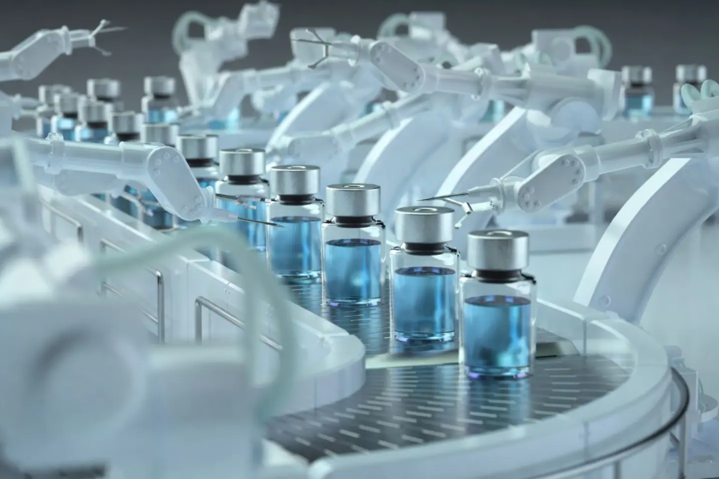 Robotis arms handling vials, Image AI edited