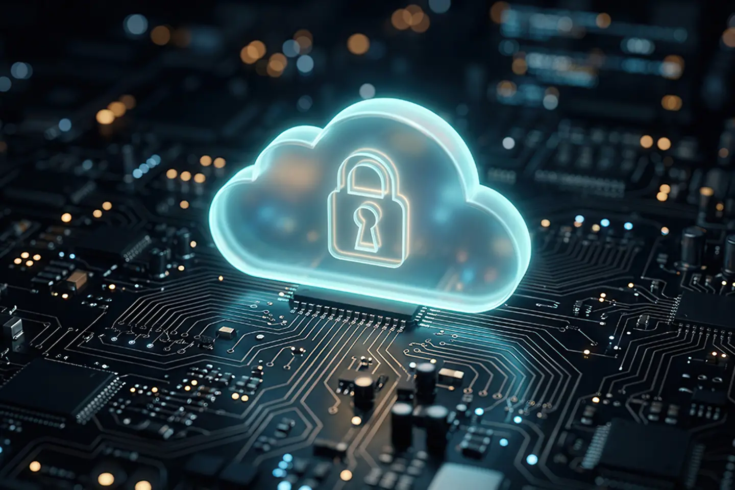 AI-generated image - padlock in a cloud floating on a technical circuit board