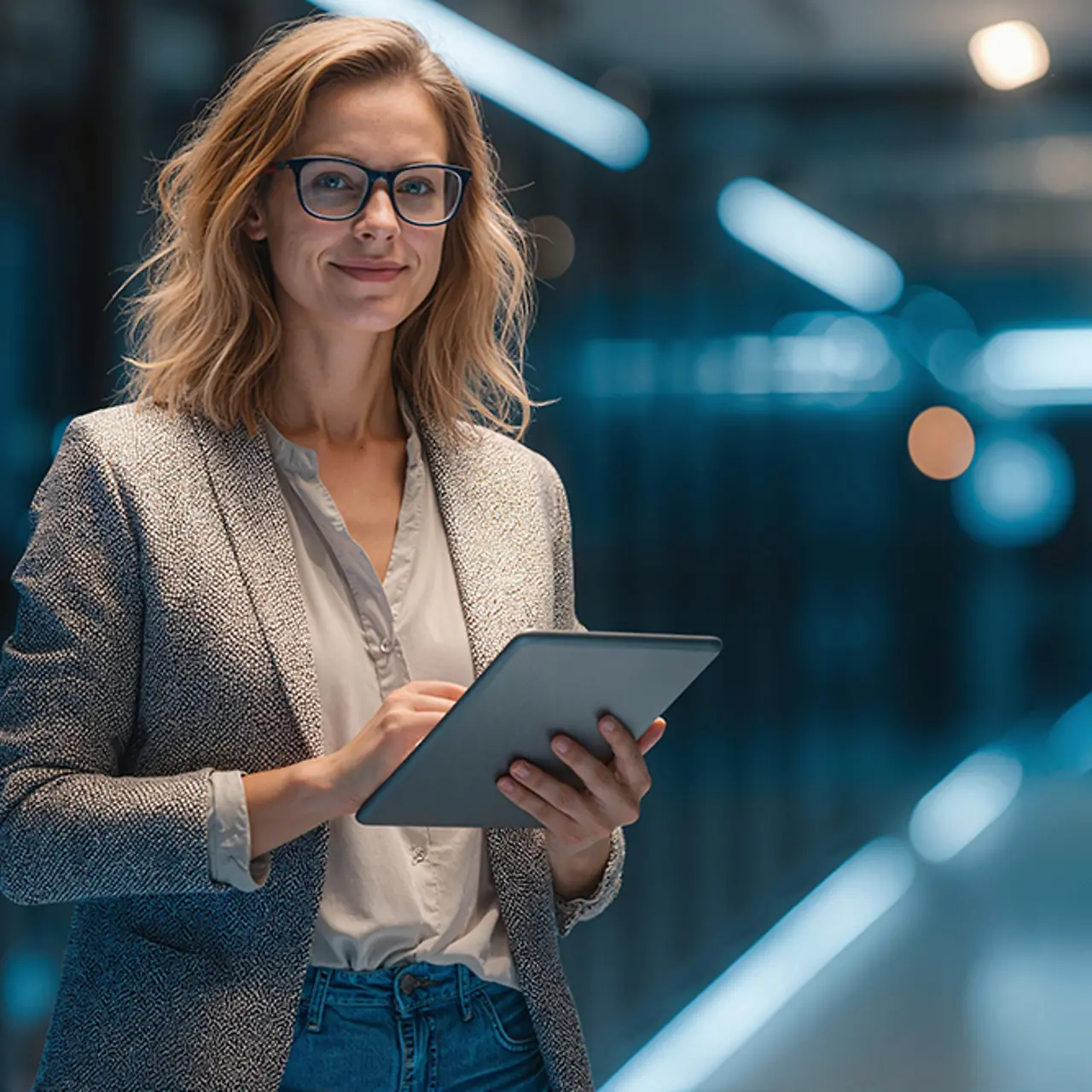 KI-generiertes Bild - Cloud Expertin analysiert Daten in Rechenzentrum