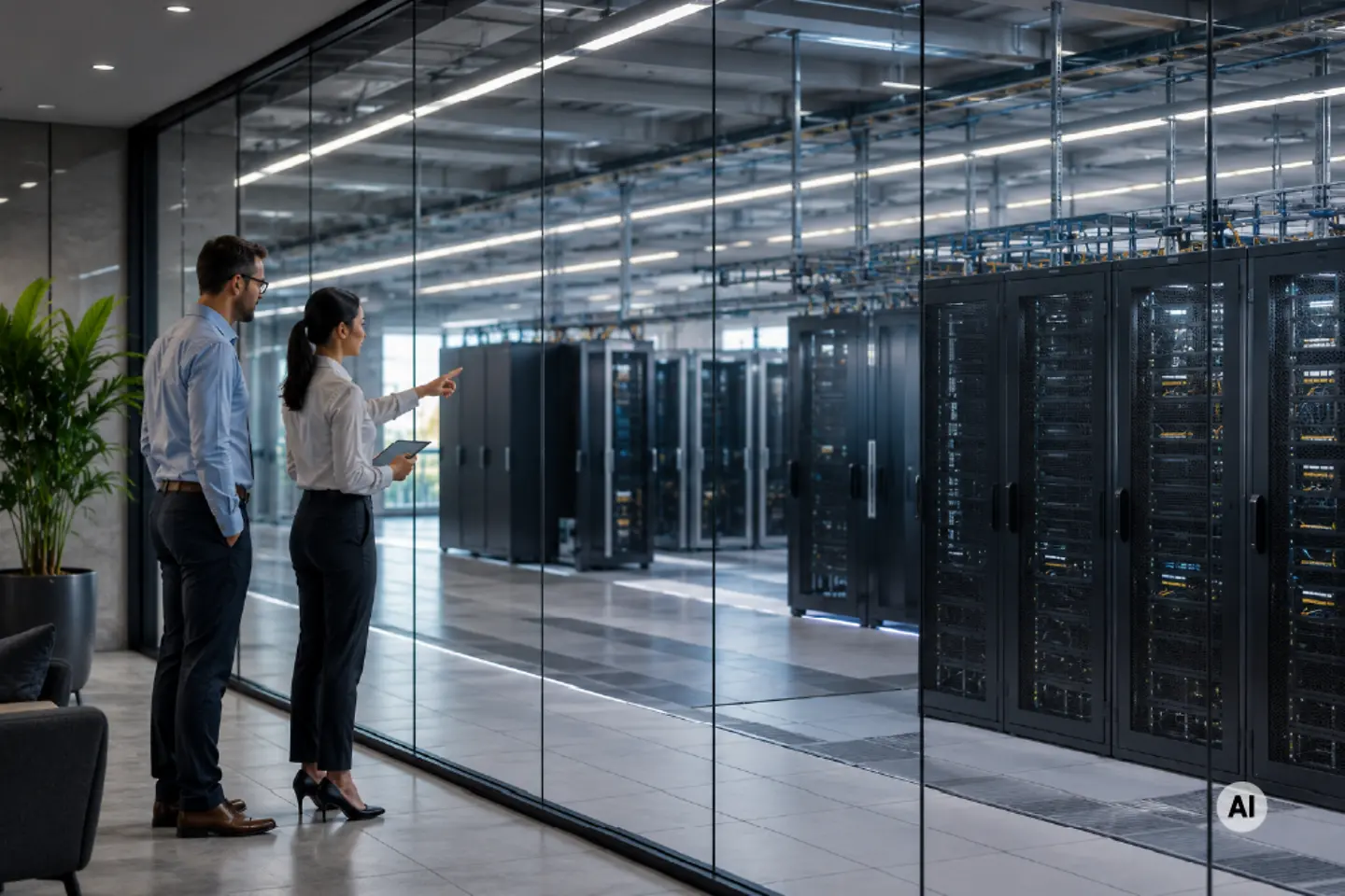 AI-generated image - Employees stand in front of a glass wall to a large server room.