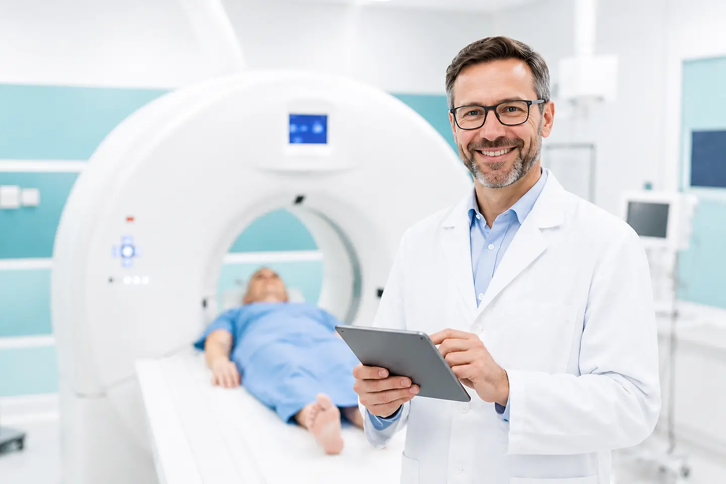 AI-generated image - Doctor with a tablet in front of an MRI scanner