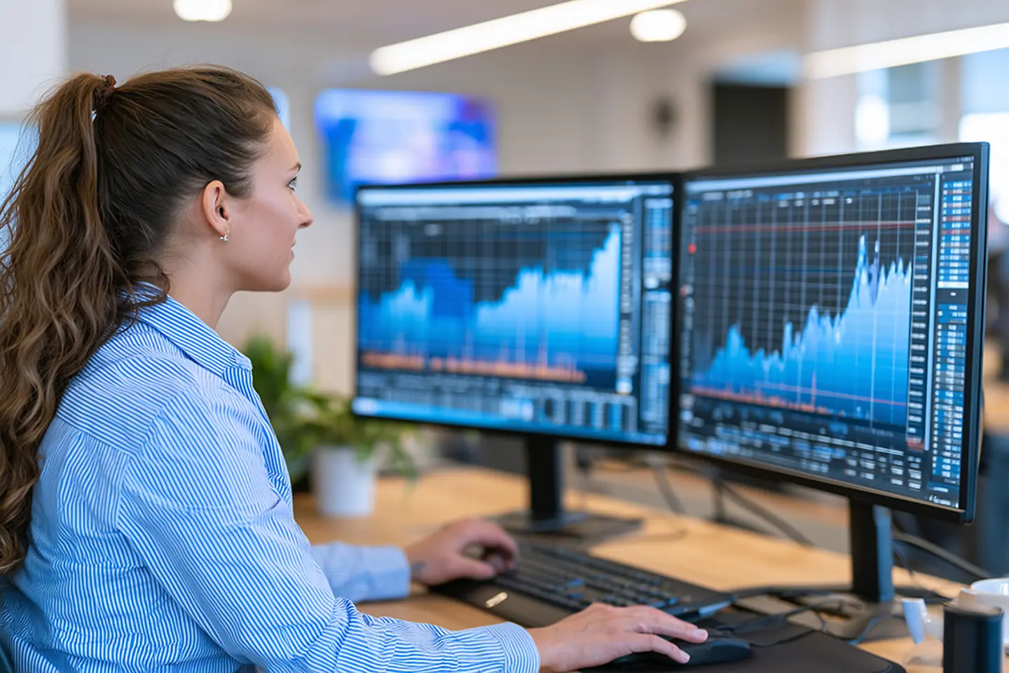 A company employee works together with an AI assistant on financial forecasts