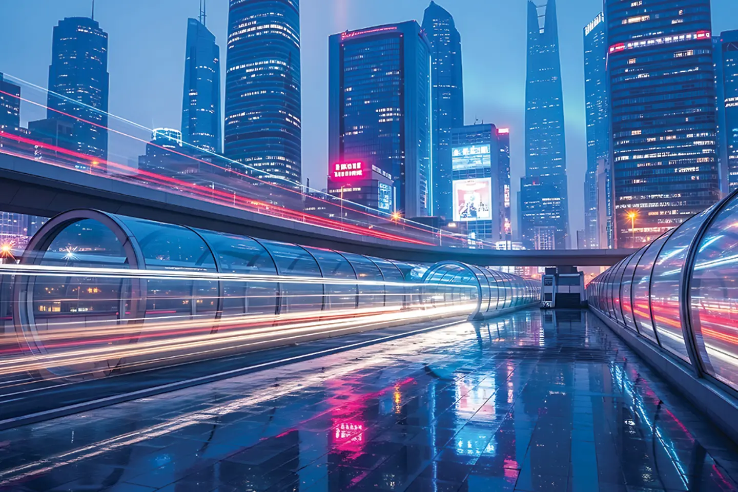 KI-generiertes Bild - Bild einer belebten futuristischen Stadt mit Nachtlichtern