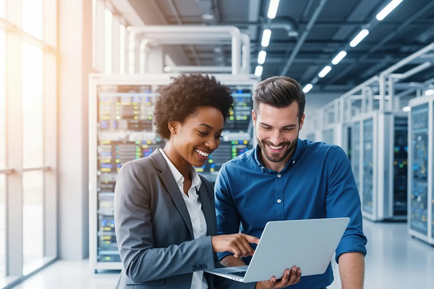 Imagen generada por IA - Dos expertos de ServiceNow coordinan datos en un data center