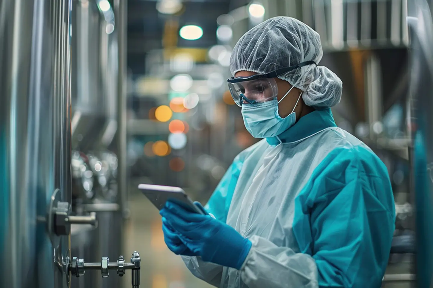 KI-generiertes Bild - Arbeiter in einem Biosuit in einer pharmazeutischen Produktionsanlage