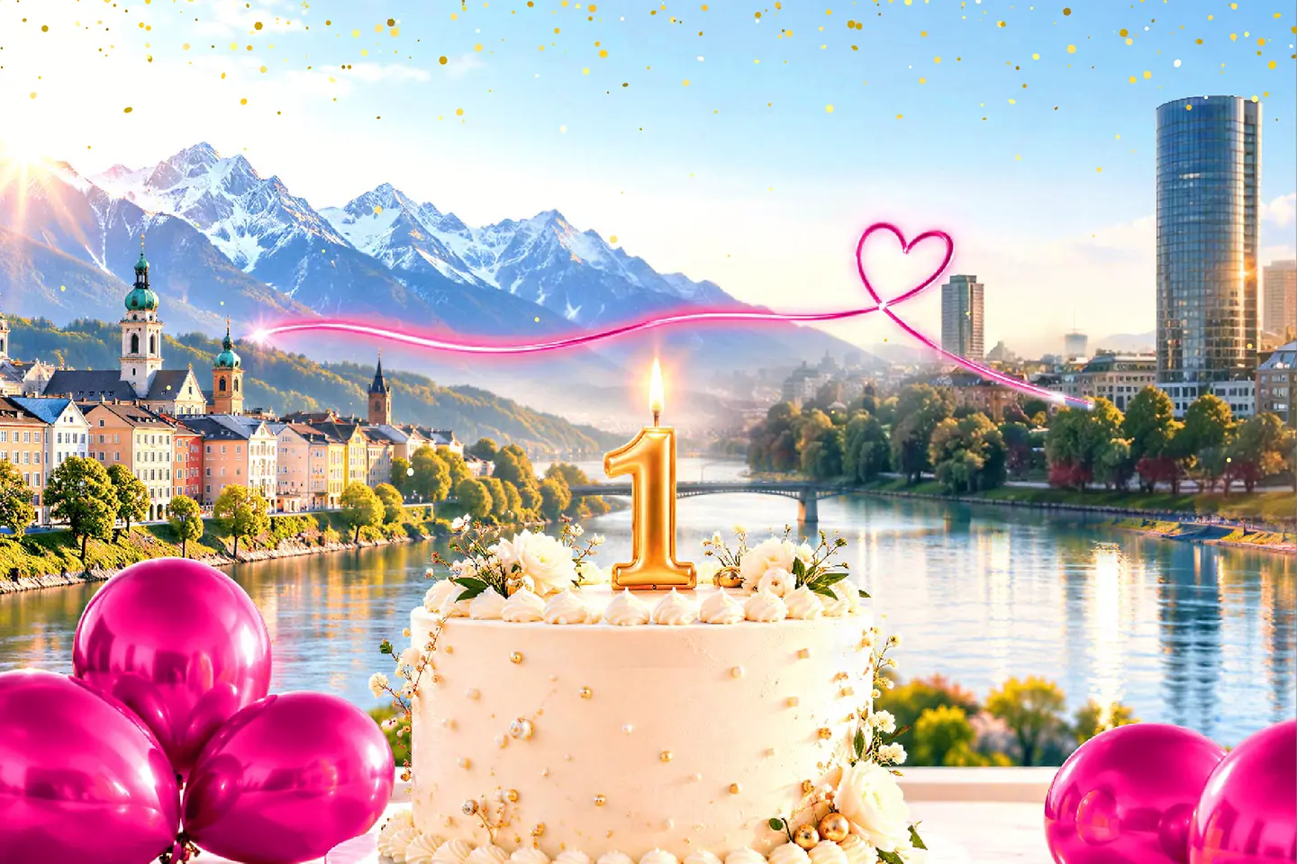 AI-generated image - Celebrating the first anniversary with balloons, cake, and a candle; a German city in the background.