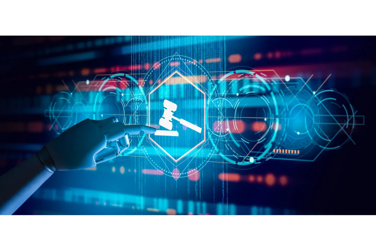 3D illustration of artificial intelligence robot interacting with compliance and regulation technology interface 