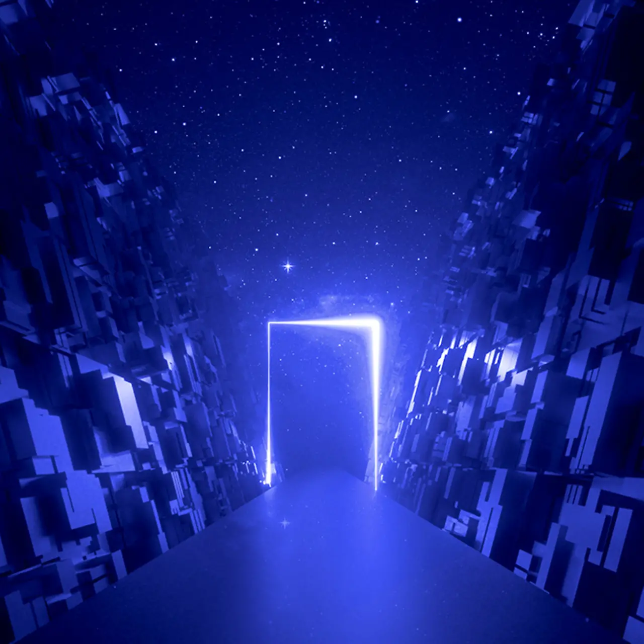Glowing door in cyber space, road between walls of blocks under the night sky