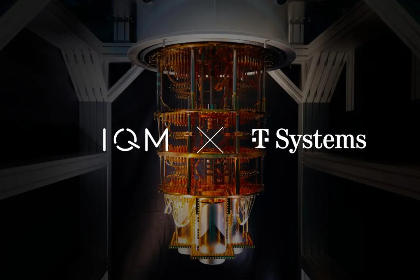 Illustration of a quantum computer with IQM and T-Systems logo