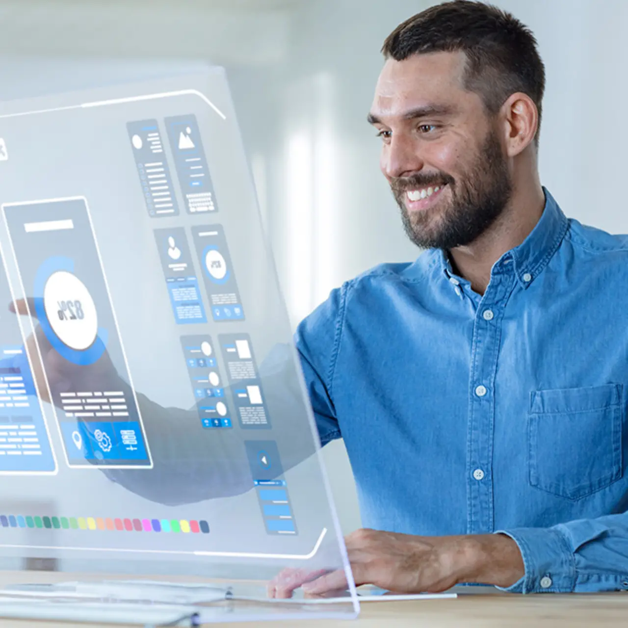 Futuristic screen shows prototype of interactive mobile user interface.