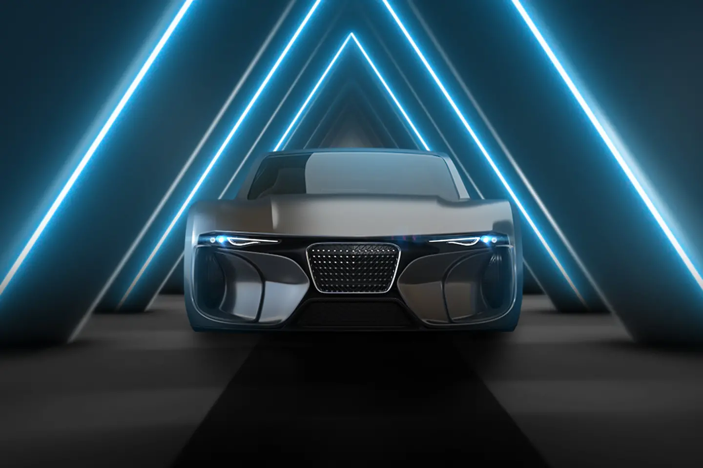 Shot of a futuristic self-driving car moving on a highway with 3D animated tunnel in background