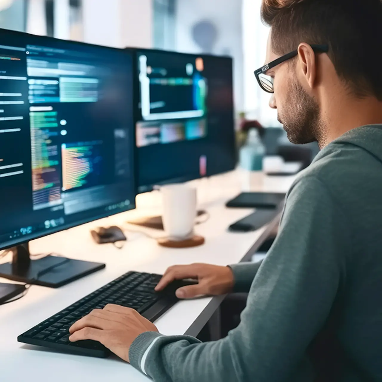 Desenvolvedor de software trabalha com automação inteligente e local de trabalho digital