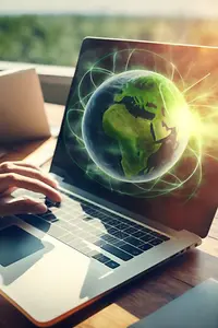 Businessman working on laptop outside, on screen a green earth. 