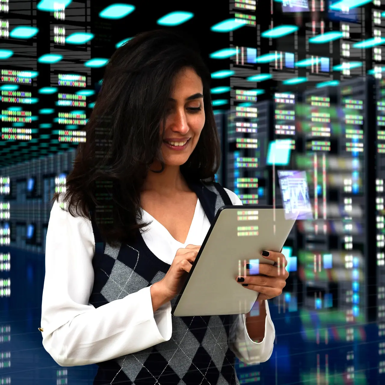 A woman writes on a tablet