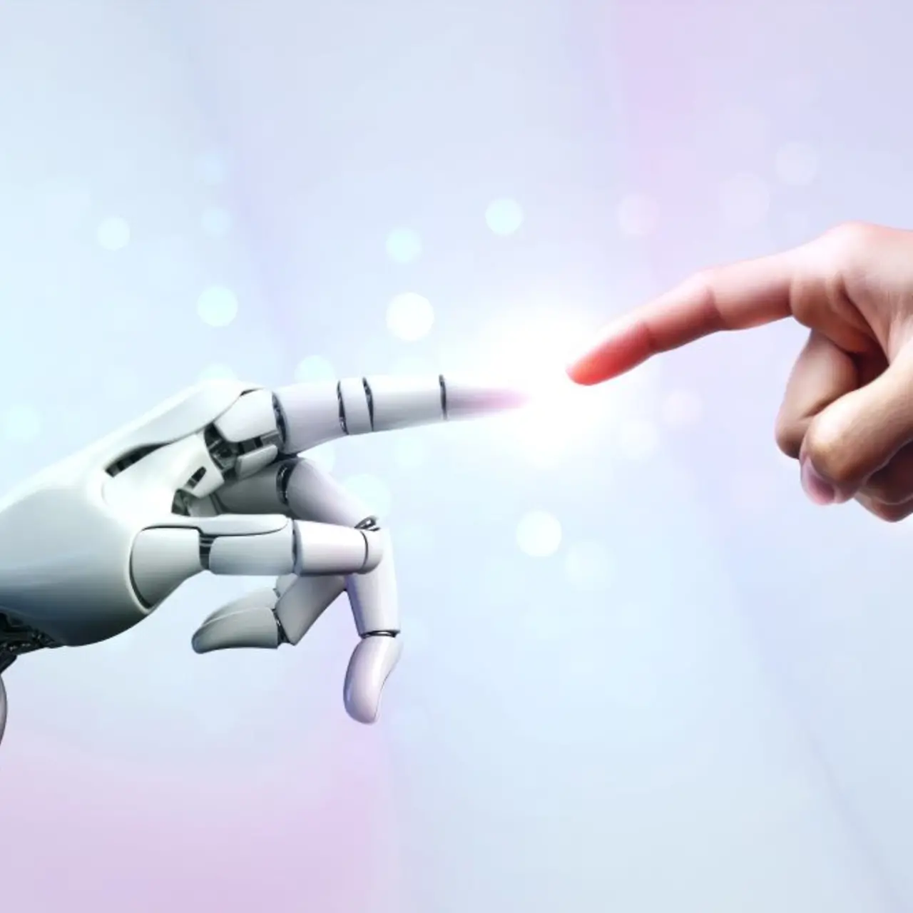 Mano robótica y mano humana tocándose y conectándose