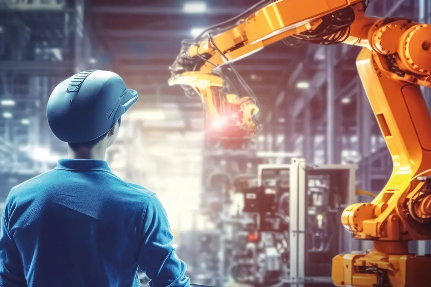 Engineer tests and controls automation robot arms in a smart factory